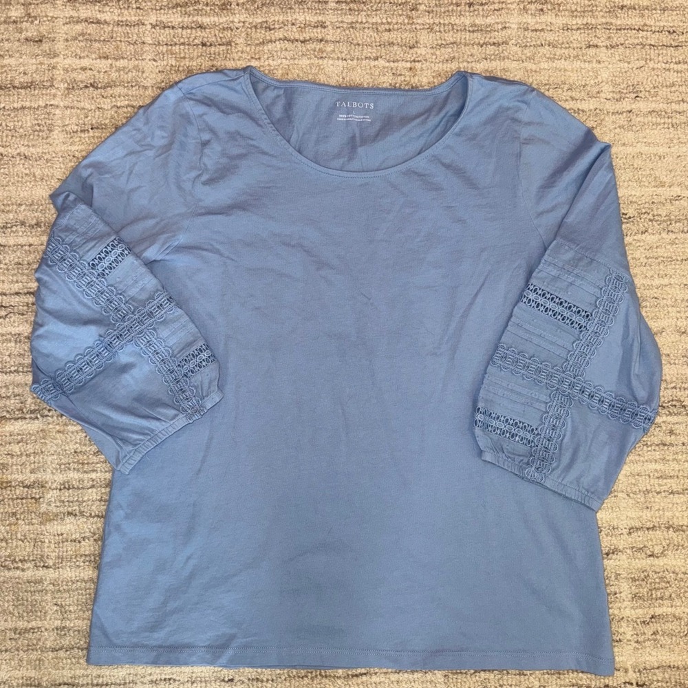 Talbots Cotton Lace Crochet Doiley Detail 3/4 Sleeve Top Size Large